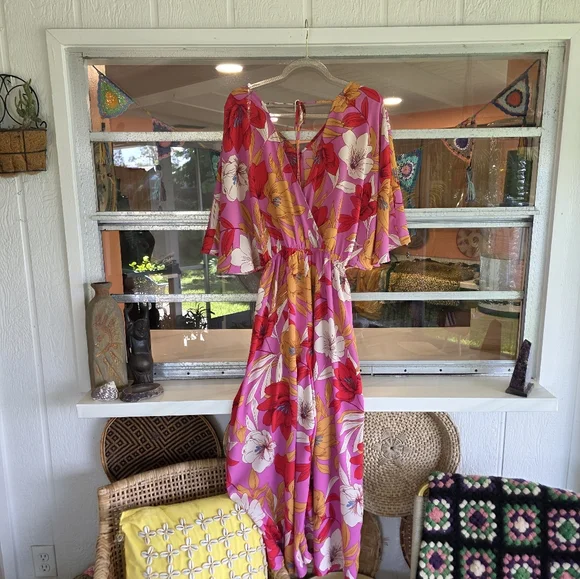 Easel Small Pink Jumpsuit Vibrant Tropical Wide Leg Palazzo Style Vacation - Picture 4 of 11